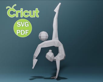 May include: A white, geometric papercraft gymnast in a handstand pose, with a ball and head shape. The image includes the text "Cricut SVG PDF" in green and white, set against a teal background.