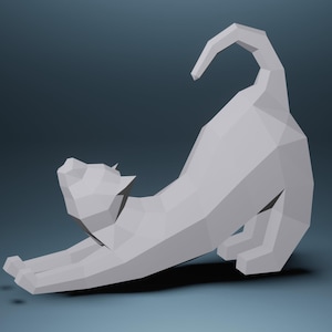 Cat Stretching Paper Craft, 3D PDF SVG Template, Papercraft Animals, Low Poly DIY, Paper Statue, Trophy, Sculpture, Cat Stretching Model