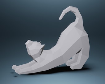 Gato se alongando em papel, modelo 3D em PDF SVG, animais de papel, faça você mesmo com baixo teor de polígonos, estátua de papel, troféu, escultura, modelo de gato se alongando