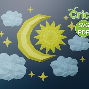 Puede incluir: Ilustración digital de una escena del cielo nocturno con una luna creciente amarilla, un sol, estrellas y nubes. La imagen incluye el logotipo de Cricut y el texto "SVG PDF".