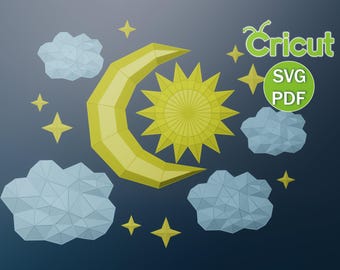 SALE!!! Moon Sky Sun 3D Papercraft, Svg, PDF, DXF, Paper Sculpture, Paper Model Pattern Do it yourself Low poly Moon Origami Stars Sun Cloud