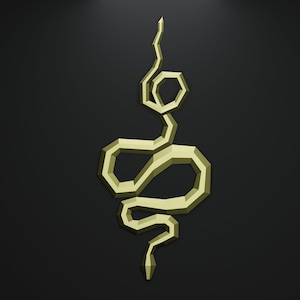 May include: A stylized, geometric representation of a snake in a light gold color. The snake is depicted with sharp, angular segments against a dark background. The design has a modern, minimalist aesthetic, with a focus on clean lines and a three-dimensional effect.