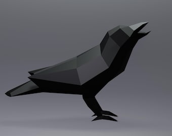 Cuervo en papel, Cuervo, SVG, Plantilla PDF, Estatua de papel, Modelo 3D de cuervo de baja poligonización, Plantilla digital, Descarga, Pájaro en papel