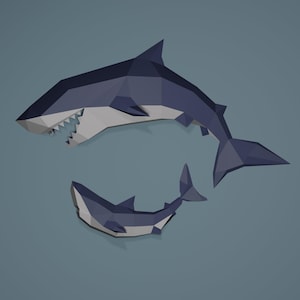Low Poly Shark and Baby Model, Create Your Own 3D Papercraft Shark, Origami Shark, Great White Shark, Shark Lover, Cool Dorm Decor