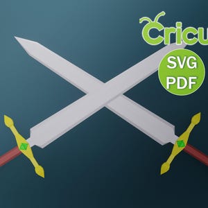 Może przedstawiać: Dwa skrzyżowane miecze z białymi ostrzami, czerwonymi i złotymi rękojeściami oraz zielonymi akcentami. Obraz zawiera logo Cricut i tekst "SVG PDF" w zielonym okręgu, sugerujący cyfrowy projekt.
