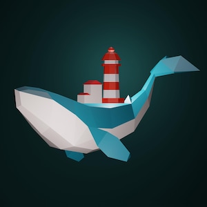 Papercraft Whale and Lighthouse , Create Your Own 3D Papercraft Whale, Origami Whale, Blue Whale, DIY Pepakura PDF Template Animal Trophy