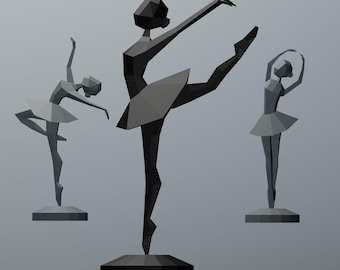 May include: Three geometric ballerina sculptures in shades of grey and black. Each figure is posed in a ballet position, with one leg extended. The sculptures are mounted on square bases, set against a grey backdrop.