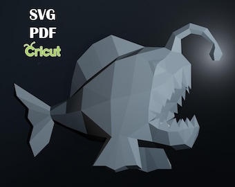 Papercraft Angler Fish, SVG, PDF, Cricut, Digital Template, Origami Whale Shark, Download DIY, Low Poly, Trophy, Sculpture, 3D Model Piranha