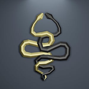 May include: A geometric illustration of two intertwined snakes. One snake is gold, the other is black. The snakes are positioned against a dark gray background, creating a striking contrast. The design has a modern, minimalist aesthetic.