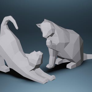 SALE!! Cat 2 Models Paper Craft, 3d Pdf SVG Template, Papercraft Animals,Low Poly DIY, Paper Statue,Trophy, Sculpture,Cat Stretching Model