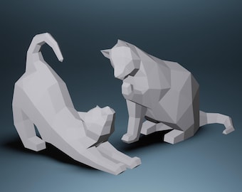 PROMOÇÃO!! 2 Modelos de Gatos em Papel Artesanal, Modelo 3D em PDF SVG, Animais em Papel Artesanal, Faça Você Mesmo Low Poly, Estátua de Papel, Troféu, Escultura, Modelo de Gato se Esticando