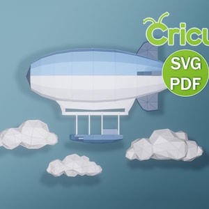 Papercraft luchtballon wolken hangend, pdf SVG, papercraft laag poly, papieren ballon sculptuur, ruimte, wolk, zeppelin, vliegtuig, luchtschip kinderkamer