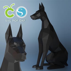 Doberman in carta, SVG, PDF, DXF, creazione di carta, seduta di un cane, scultura di un cane in 3D, modello Doberman a basso poli, animale origami, macchina da taglio