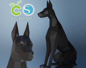 Dobermann Papiermodell, SVG, PDF, DXF Papiermodell, Hund sitzend, 3D Hundeskulptur, Low Poly Muster Dobermann, Origami Tier, Schneidemaschine