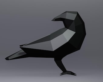 Cuervo en papel, Cuervo, SVG, Plantilla PDF, Estatua de papel, Modelo 3D de cuervo de baja poligonización, Plantilla digital, Descarga, Pájaro en papel