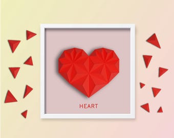 Low Poly Heart Wall Art Template | Geometric Heart Papercraft | Diy 3D Wall Decor | SVG, DXF & PDF Files for Cricut | Easy Papercraft