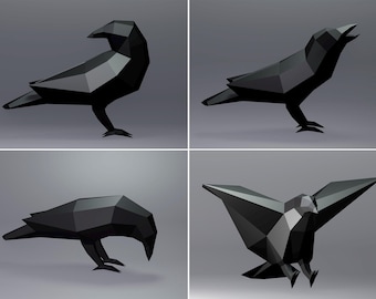 Cuervo (x4) Papercraft, Cuervo, SVG, Plantilla PDF, Estatua de papel, Modelo 3D Low Poly de Cuervo, Plantilla digital, Descarga, Low Poly, Pájaro Papercraft