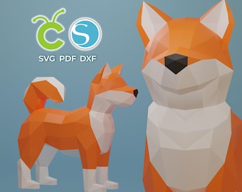 Papercraft Dog Shiba Inu Standing, SVG, PDF, Dxf Paper Craft Dog Model, Shiba Inu PDF template, 3D Dog sculpture, Low poly pattern Cat Dog