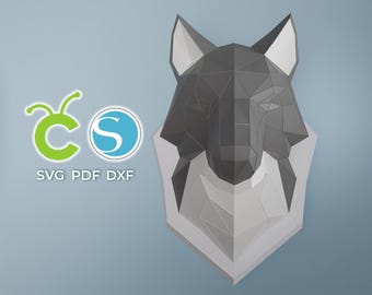 Papercraft Loup, SVG, PDF, DXF, artisanat en papier, modèle de loup en colère, modèle PDF de loup, sculpture de chien 3D, loup motif low poly, animal en origami