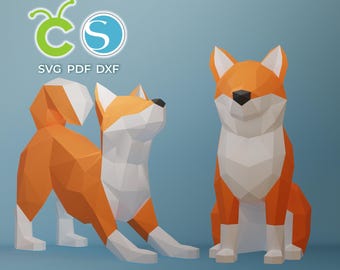 Papercraft TWO Dogs Shiba Inu, SVG, PDF, Dxf Paper Craft Dog Model, Shiba Inu Pdf template, 3D Dog sculpture, Low poly pattern Dog, Origami