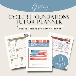Peut inclure: Un planificateur numérique imprimable pour tuteurs intitulé Cycle 3 Foundations Tutor Planner par The Grownup Homeschooler. L'ensemble comprend 110 pages avec des mises en page pour les emplois du temps hebdomadaires, des tables de mathématiques, une carte des États-Unis et une couverture avec un drapeau à l'aquarelle.