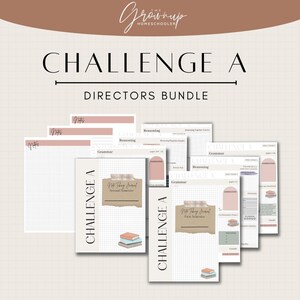 May include: A digital educational resource titled Challenge A Directors Bundle featuring various printable pages with grid patterns, soft pink accents, and labels for Grammar, Reasoning, and Note Taking Journal for both semesters.