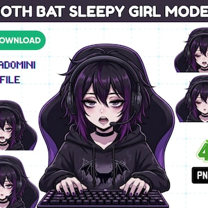 May include: Digital illustration of a character with dark hair and purple highlights wearing a black hoodie with a bat graphic and headset. The character is seated at a keyboard. Text includes GOTH BAT SLEEPY GIRL MODEL, DOWNLOAD, VEADOMINI FILE, and 4 PNG.