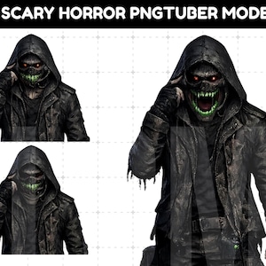Pode incluir: Uma ilustração de personagem digital intitulada SCARY HORROR PNGTUBER MODEL apresentando uma figura encapuzada com rosto esquelético, olhos vermelhos brilhantes e uma boca verde larga com dentes. A jaqueta escura tem bordas desgastadas.