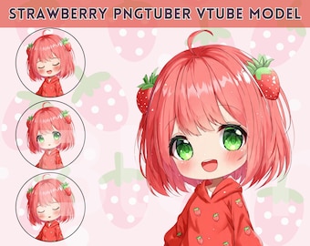 Puede incluir: Ilustración digital de un personaje de anime con temática de fresa. El personaje tiene cabello rosado, ojos verdes y usa una sudadera con capucha roja con detalles de fresa. También se muestran tres imágenes de perfil circulares. El texto "STRAWBERRY PNGTUBER VTUBE MODEL" está en la parte superior.