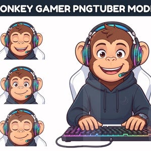May include: A digital illustration of a monkey character wearing a dark blue hoodie and gaming headset with rainbow lights. The monkey is positioned at a keyboard with RGB lighting. The text MONKEY GAMER PNGTUBER MODEL is at the top.