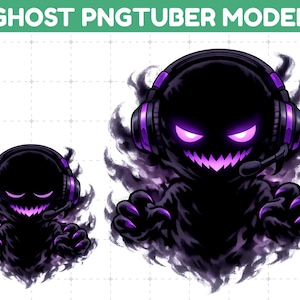 Puede incluir: Ilustración de un personaje fantasma negro con acentos morados, con auriculares y un micrófono. El fantasma tiene ojos morados brillantes y una sonrisa irregular. El texto "GHOST PNGTUBER MODEL" está en la parte superior.