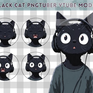 May include: Black cat PNGTuber VTuber model. The image features a cartoon black cat wearing headphones and a gray shirt. The cat has large white eyes and various facial expressions. Four circular profile images of the cat are also shown.
