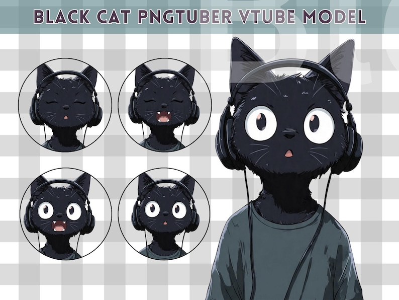 Pu&ograve; includere: Modello VTuber PNGTuber di gatto nero. L'immagine presenta un gatto nero dei cartoni animati con le cuffie e una maglietta grigia. Il gatto ha grandi occhi bianchi e varie espressioni facciali. Sono mostrate anche quattro immagini di profilo circolari del gatto.
