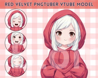 May include: Digital illustration of a cartoon character with white hair wearing a red hoodie. The image includes three smaller circular portraits of the character with different facial expressions. Text at the top reads "RED VELVET PNGTUBER VTUBE MODEL."