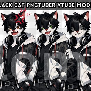Könnte beinhalten: Digitale Illustration eines schwarzen Katzen-PNGTuber-Modells mit drei verschiedenen Ausdrücken. Die Katze trägt eine schwarze Jacke, Kopfhörer und hat schwarz-weißes Fell. Der Text "BLACK CAT PNGTUBER VTUBE MODEL" steht oben.