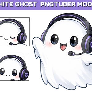 Può includere: Un'illustrazione di un modello PNGtuber fantasma bianco che mostra un personaggio che indossa cuffie da gioco nere e viola con un'icona a forma di cuore. Il fantasma ha grandi occhi neri, guance rosa e un microfono. Il testo WHITE GHOST PNGTUBER MODEL è visibile.