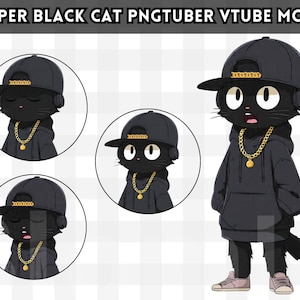Puede incluir: Ilustración de un personaje de gato negro con una sudadera con capucha negra, gorra y cadena dorada, con el texto "RAPPER BLACK CAT PNGTUBER VTUBE MODEL" en la parte superior. El gato lleva una gorra negra con detalles dorados y un collar de cadena dorada.