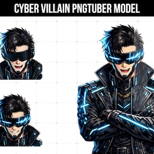 May include: Digital illustration of a cyber villain PNGTuber model. The character has black hair and is wearing a black jacket with blue neon accents and a futuristic visor. The image includes three different poses of the character.