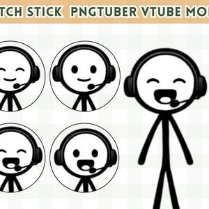 Puede incluir: Ilustración en blanco y negro de un personaje de palo con auriculares y micrófono, con una cara sonriente. La imagen incluye el texto "MATCH STICK PNGTUBER VTUBE MODEL". El diseño es simple y de dibujos animados.