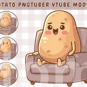 May include: A cartoon illustration of a potato character with a smiling face, seated in a gray armchair. The image includes three smaller circular illustrations of the potato in the same chair, with different expressions. The text "POTATO PNGTUBER VTUBE MODEL" is at the top.