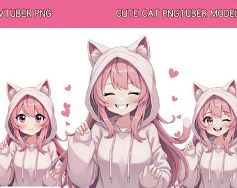 Może przedstawiać: Cyfrowa ilustracja postaci w stylu anime w bluzie z kapturem z uszami kota. Postać ma różowe włosy i się uśmiecha. Obraz zawiera tekst "VTUBER PNG" i "CUTE CAT PNGTUBER MODEL".