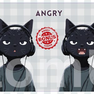 Pu&ograve; includere: Illustrazione di due gatti neri con le cuffie, con la parola "ANGRY" sopra. Un gatto ha la bocca aperta, l'altro chiusa. Un sigillo rosso "BONUS" &egrave; tra loro.