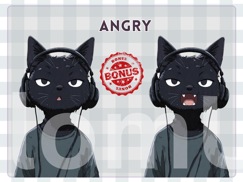 Pu&ograve; includere: Illustrazione di due gatti neri con le cuffie, con la parola "ANGRY" sopra. Un gatto ha la bocca aperta, l'altro chiusa. Un sigillo rosso "BONUS" &egrave; tra loro.