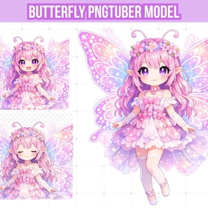以下が含まれることがあります： 蝶をテーマにしたPNGTuberモデルのデジタルイラスト。キャラクターはピンクの髪、紫の目を持ち、蝶の羽が付いたピンクのドレスを着ています。「BUTTERFLY PNGTUBER MODEL」というテキストが上部にあります。