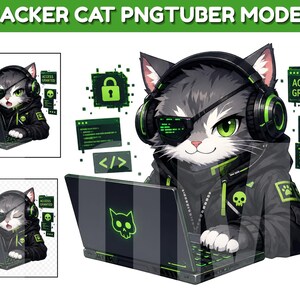 Cat Hacker PNGTuber Avatar | Söt Cyber Cat PNGTuber Modell | Gamer Cat VTuber PNG | Streamer Avatar med hörlurar | Transparent PNG
