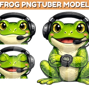 Färdiggjord groda PNGTuber vtuber-modell söt groda VTuber-avatar med headsetmikrofon | PNG-tuberkaraktär | Streamermaskot