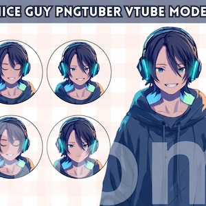 May include: Digital illustration of a smiling anime-style character with dark hair and blue eyes, wearing a black hoodie and headphones with blue accents. The image includes four circular profile portraits and a full body image. Text at the top reads "NICE GUY PNGTUBER VTUBE MODEL."