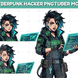 May include: Digital illustration of a cyberpunk hacker PNGTuber model. The character has black and blue hair, wearing a black hoodie with green circuit board designs and the word "HACKER". The model is holding a glowing screen with code and a world map.