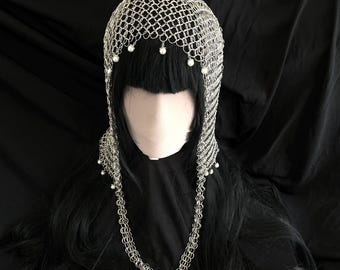 Unisex Silver-Colored Chainmail Headpiece – Handmade Medieval Fantasy Hair Accessory for Cosplay, LARP, Renaissance, Festival
