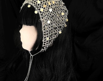 Unisex Silver-Colored Armored Chainmail Veil – Handmade Medieval Fantasy Headpiece for Cosplay, LARP, Renaissance, Festival